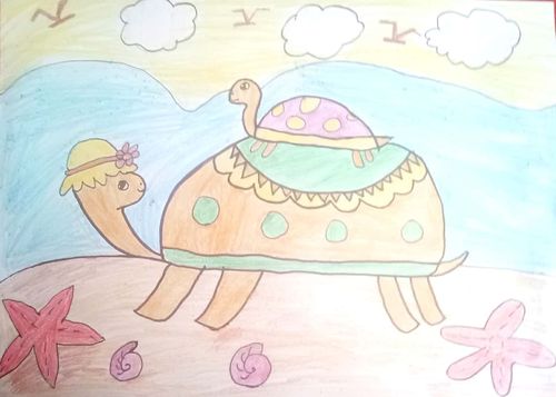 三年级学生绘画作品 乌龟妈妈和它的孩子