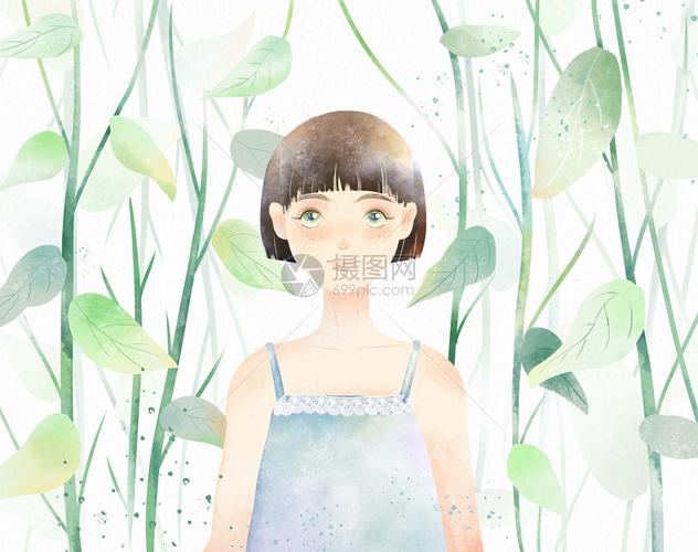 小清新短发少女站立于植物丛水彩手绘插画