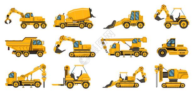 道路树木建筑机械重型道路设备卡车叉和拖拉机挖掘起重卡车孤立的病媒