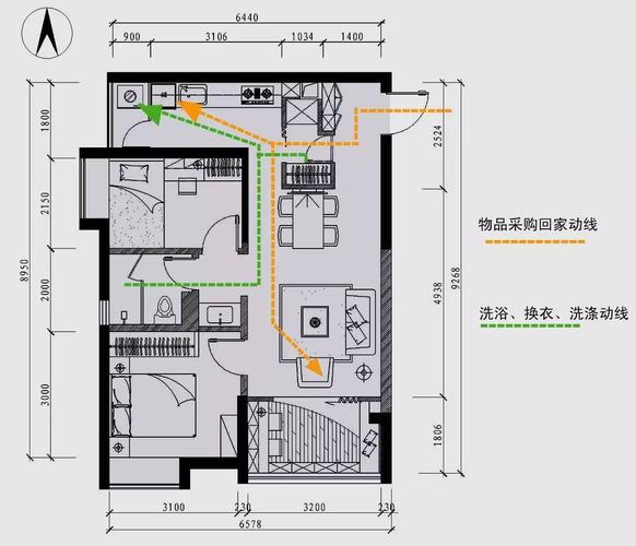 改造方案室内家务动线图注:本案例装修参考图由设计师根据改造方案及