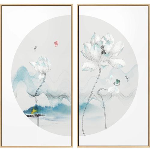 书房中国中式玄关装饰画半圆荷花挂画