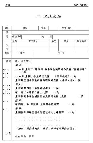 小升初简历范本精选(2017)