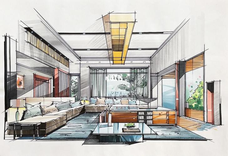 环艺室内手绘效果图_手绘_室内设计_客厅_上色_线稿_室内设计手绘