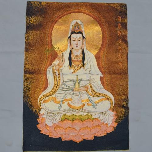织锦画丝绸丝织刺绣画 藏佛唐卡坐莲台观音观世音菩萨