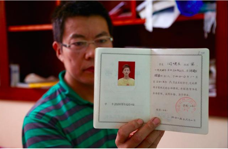 闫啸天当年的高中毕业证.