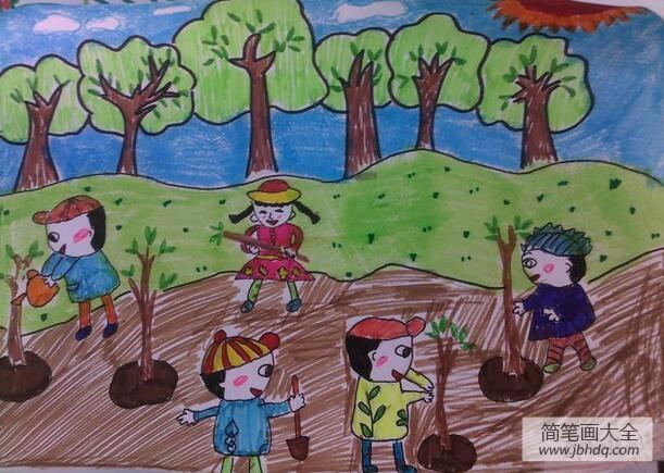 儿童画作品之我们都是小雷锋下一张:种大树造森林关于植树节的画图片