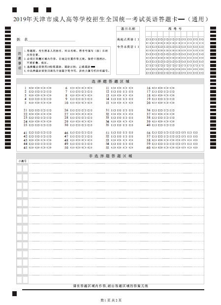 2020成人高考答题卡填涂模板及注意事项