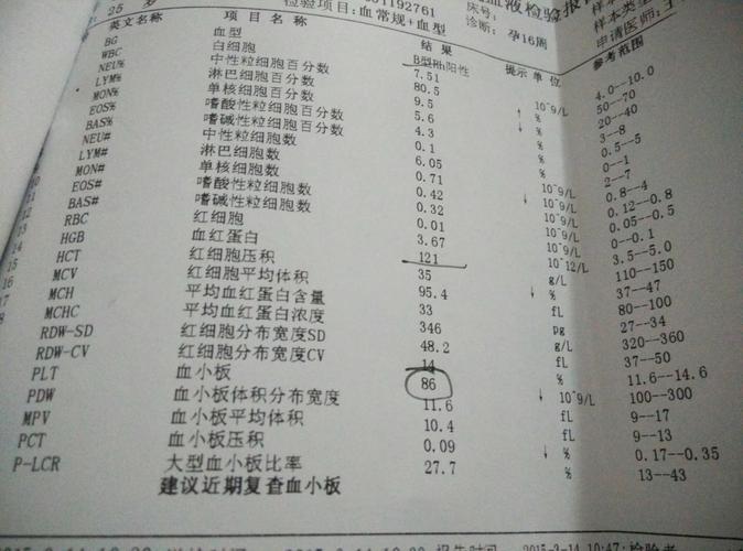 血小板偏低86 正常值100～300.有没有类似情况的宝妈们.