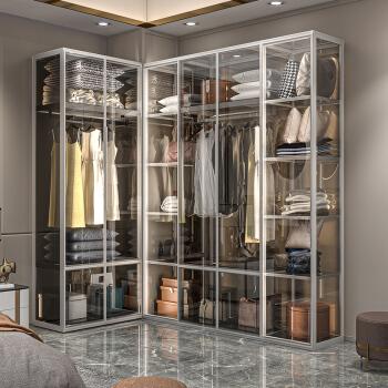 金属衣柜全套不锈钢衣柜出租屋衣柜玻璃门衣柜可定制轻奢现代简约