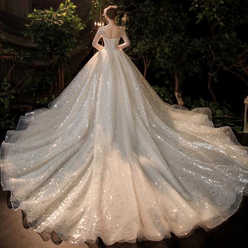 冬季主婚纱2021新款新娘气质拖尾星空梦幻长袖简约大气秋冬款孕妇