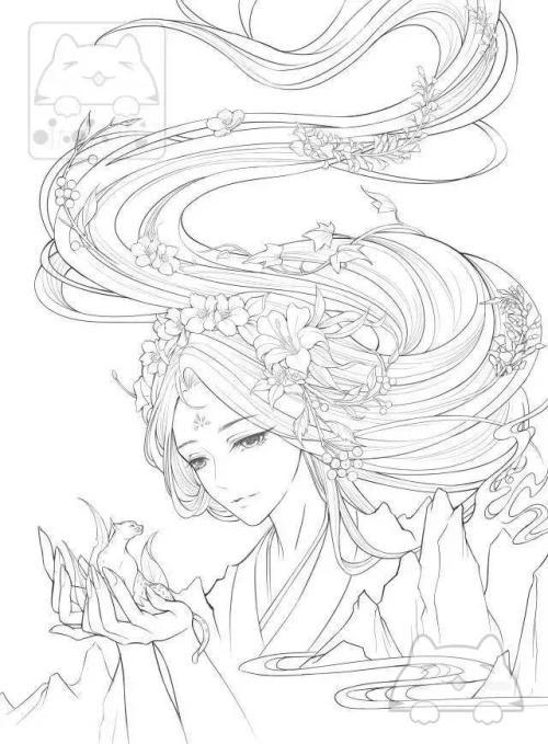 干货|100张女生绘画线稿素材二次元动漫古风美女