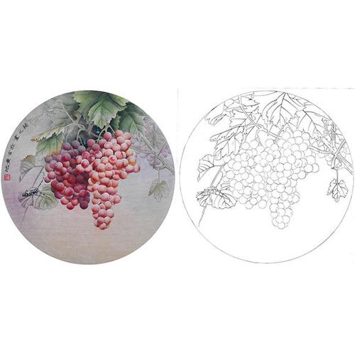 斗方小品花鸟-孙锡之-葡萄-sx09 - 工笔底稿商城