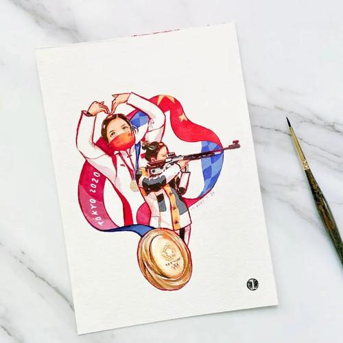 05|原创水彩画_奥运会_水彩画_杨倩_中国加油_文化_绘画
