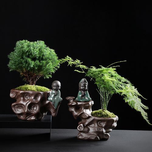 创意紫砂盆栽小和尚禅意佛桌面禅意陶瓷摆件小号多肉植物紫砂花盆