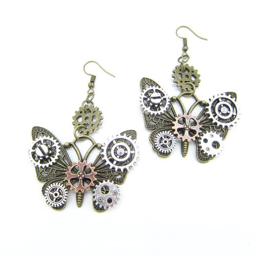 跨境热销 diy 齿轮蝴蝶吊坠蒸汽朋克复古耳环