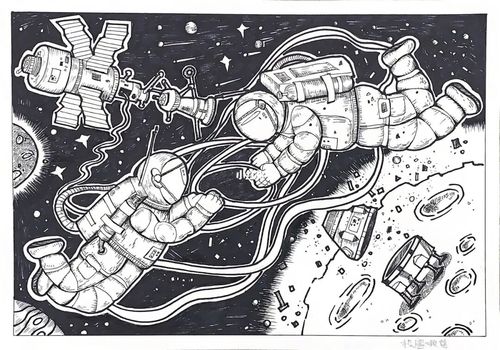 科幻画-火星救援系列六幅作品_线描_装饰画_学习_宇航