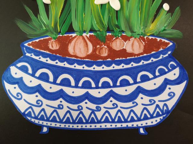 绘画步骤「儿童创意画」漂亮的水仙花水粉颜料:赭石,深绿,浅绿,黄色