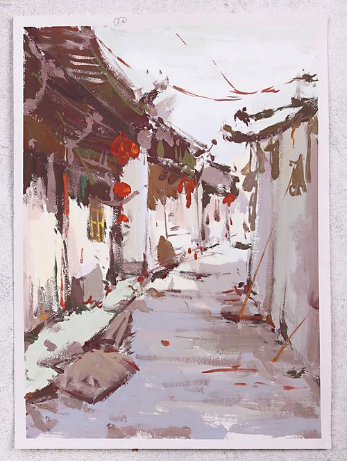 水粉风景画婺源水粉画4开色彩宏村山水秋天风景写生老街水粉风景