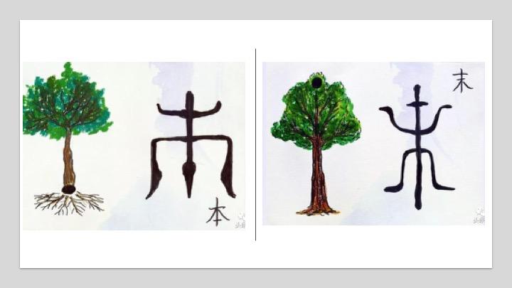 我常用"上","下"两字让学生直观地了解指事字.