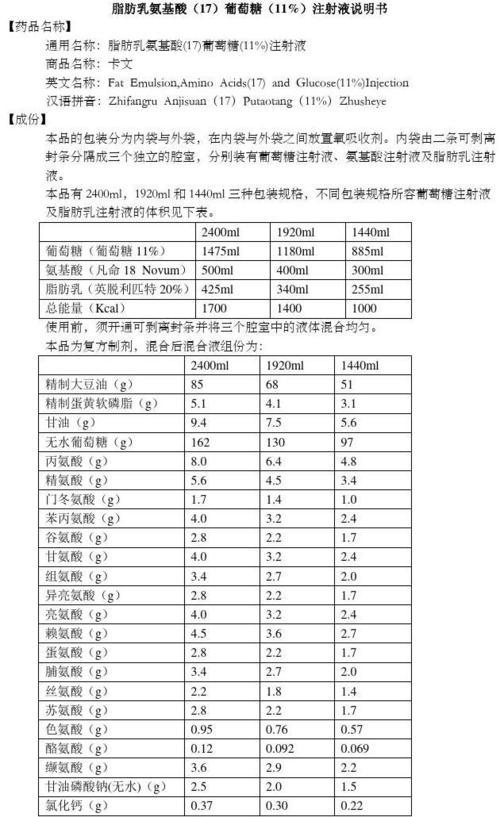 脂肪乳氨基酸(17)葡萄糖(11%)注射液说明书--卡文