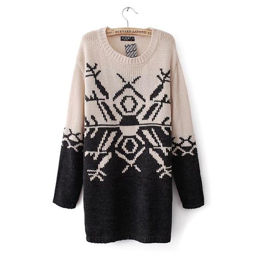 供应cl1125 秋季新款 欧美风时尚百搭双色几何提花中长款套头毛衣