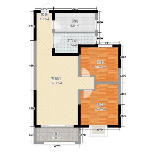 鹊华天禧90.00㎡1#4#楼b1户型2室2厅1卫1厨