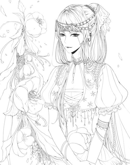 插画 手绘 线稿 美少女 花 公主 二次元 漫画 黑白 艺术 设计