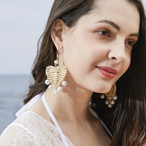 2019新款珍珠耳环时尚爱心桃心手工编织夸张藤编耳饰女款厂家批发