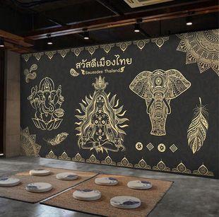 泰国风情装饰墙纸泰式主题餐厅装修壁纸东南亚风格大象背景墙壁画