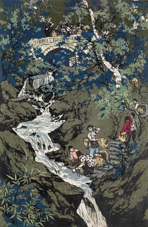 01091962年作茶山晨曲套色版画