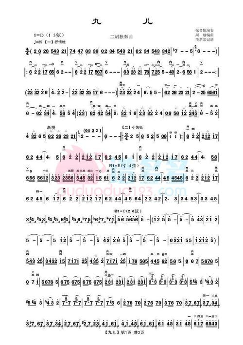 《九儿》二胡谱(二胡独奏曲)