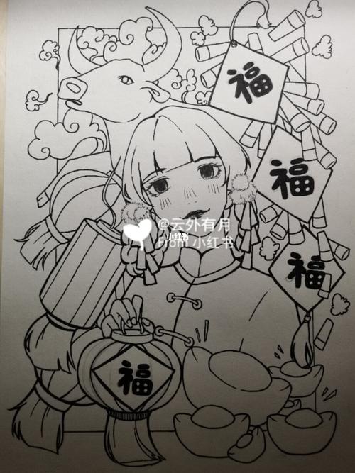 黑白装饰画新年贺图_装饰画_新年去哪玩_绘画_樱花_小楷_素描_黑白