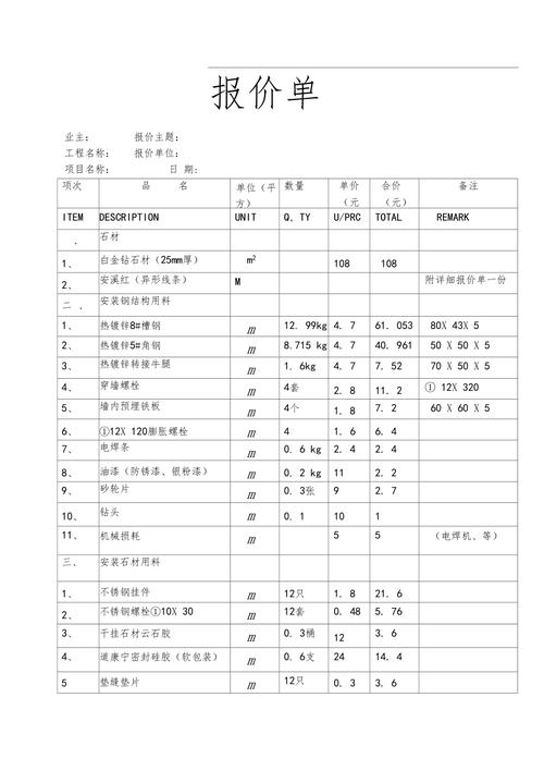 外墙石材干挂报价明细表