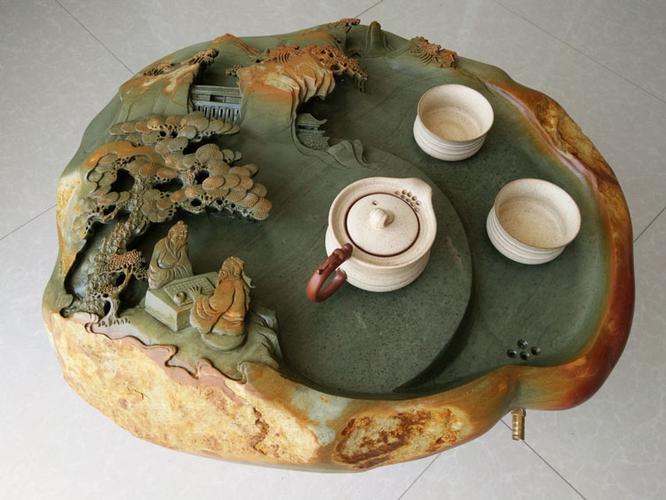 源韵 肇庆绿端大号砚石茶盘 石头茶盘 手工雕刻绿端石茶盘