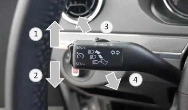 下图为新款捷达轿车灯光使用图解,上下拨动灯光杆即打开汽车的左右