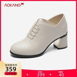 新款m奥康女鞋2021秋季真皮粗跟优雅女小皮鞋及踝单鞋
