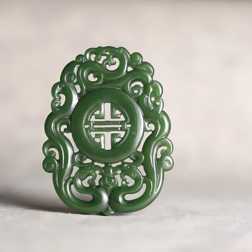 苏州玉雕馆和田玉碧玉仿古龙凤呈祥苏工镂空招福纳财挂件22克吊坠