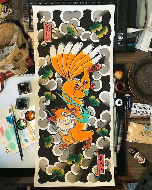 日式手稿狐狸纹身图案