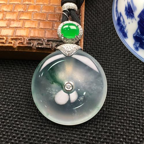 尚美玉源18k黄金钻石镶嵌冰种a货翡翠平安扣小吊坠挂坠女款带证书