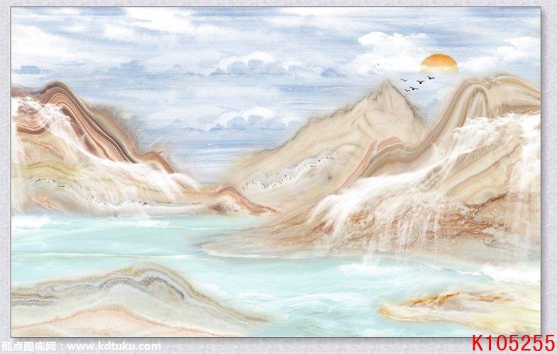 k105255-大理石石纹旭日东升山峰太阳红日背景墙壁画