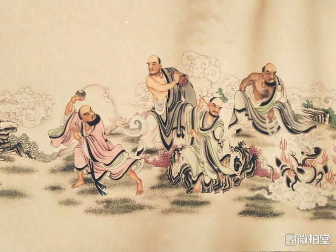 新淘绢布画 长卷轴画【十八罗汉图】一副,画工精湛