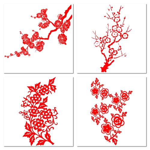 红色花朵花纹梅花剪纸树枝png素材