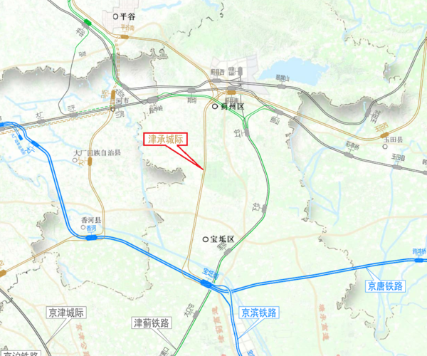 建设路线:推荐方案从 京唐城际铁路宝坻南站引出,经蓟州(与京哈线