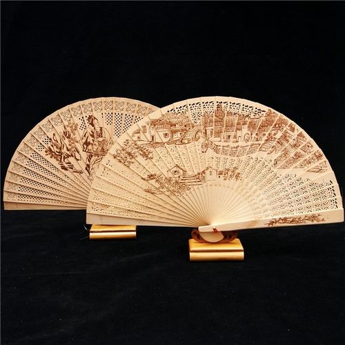 购客工艺全木质礼品扇子女士中国风镂空檀香古典女士折扇古风扇礼盒装