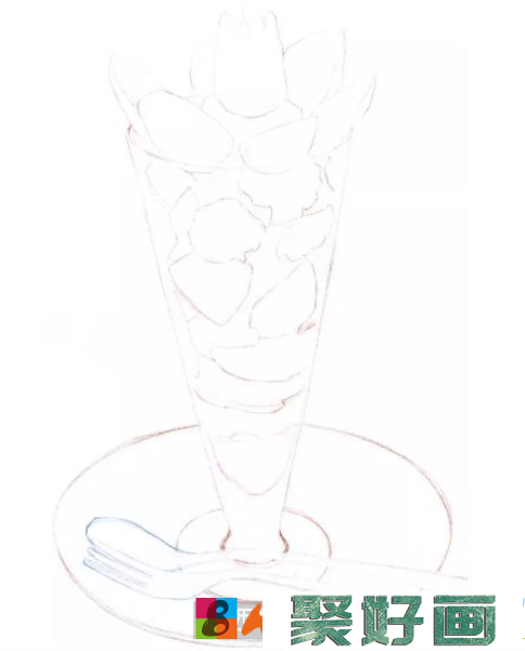 03,擦去辅助线,在杯口画上切开的一圈草莓,画里面的草莓和冰激凌时