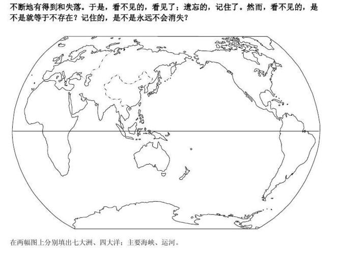 在两幅图上分别填出七大洲,四大洋;主要海峡,运河.