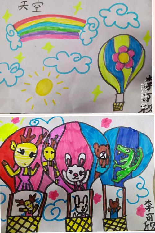 李可欣的儿童画巜天空》上为独立选材独立绘画的,下为老师的建议下