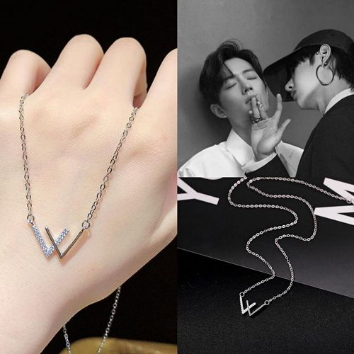 王一博肖战同款w项链s925纯银字母锁骨链2021年新款简约小众颈链
