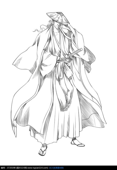 卡通古代日本武士人物线描,卡通人物图片,动漫人物,简