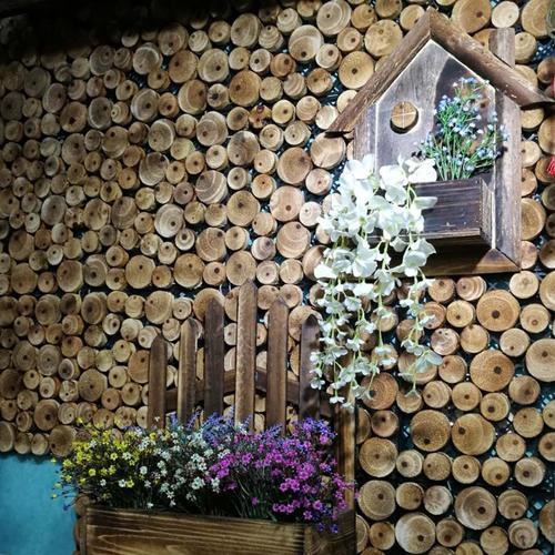 圆木片背景墙diy墙面装饰创意圆形木块背景墙装饰木头片 绿之韵